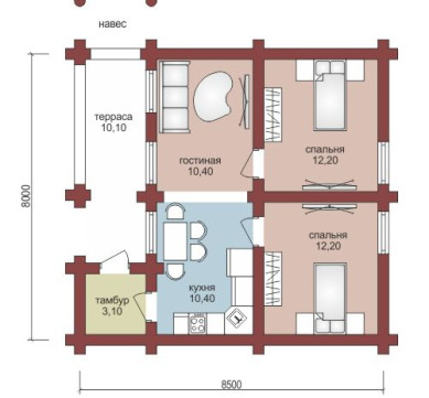 Проект  "Гранит" одноэтажный дом из бруса с террасой — фото-532_1